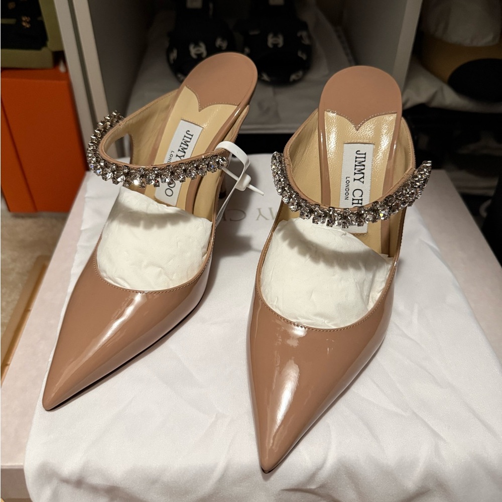 Jimmy Choo Bing 100 Patent Leather Heels with Crystal Strap